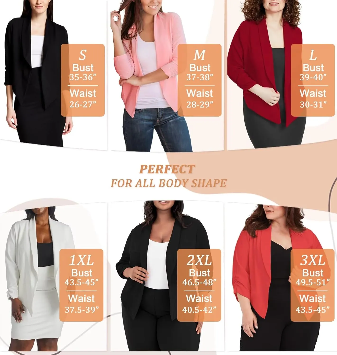 Hybrid & Company Women's Casual Work Office Blazer Jacket Open Front Shawl with 3/4 Scrunch Sleeves