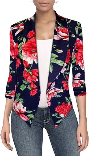 Hybrid & Company Women's Casual Work Office Blazer Jacket Open Front Shawl with 3/4 Scrunch Sleeves