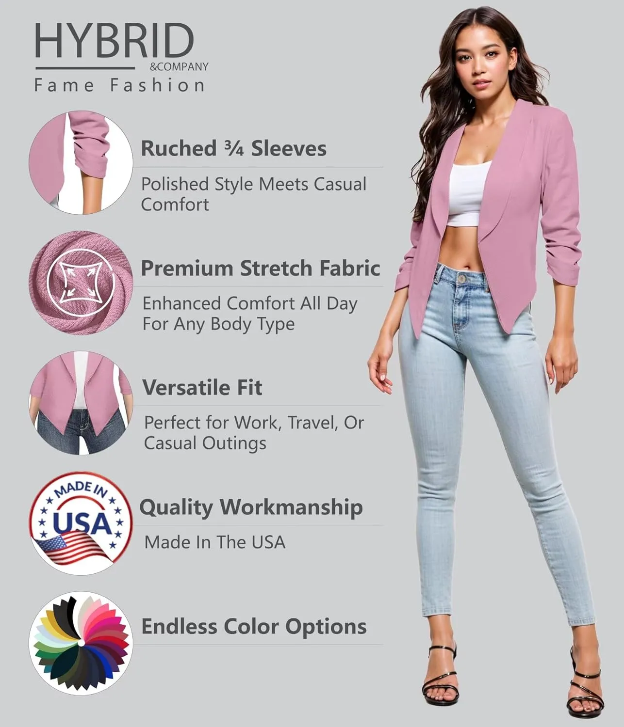 Hybrid & Company Women's Casual Work Office Blazer Jacket Open Front Shawl with 3/4 Scrunch Sleeves