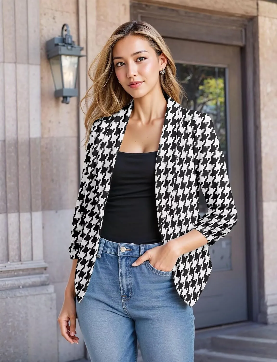 Hybrid & Company Women's Casual Work Office Blazer Jacket Open Front Shawl with 3/4 Scrunch Sleeves