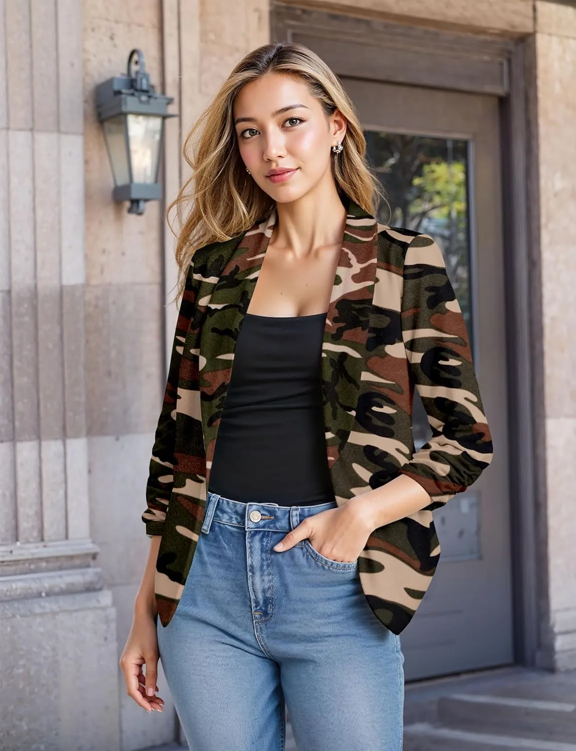 Hybrid & Company Women's Casual Work Office Blazer Jacket Open Front Shawl with 3/4 Scrunch Sleeves