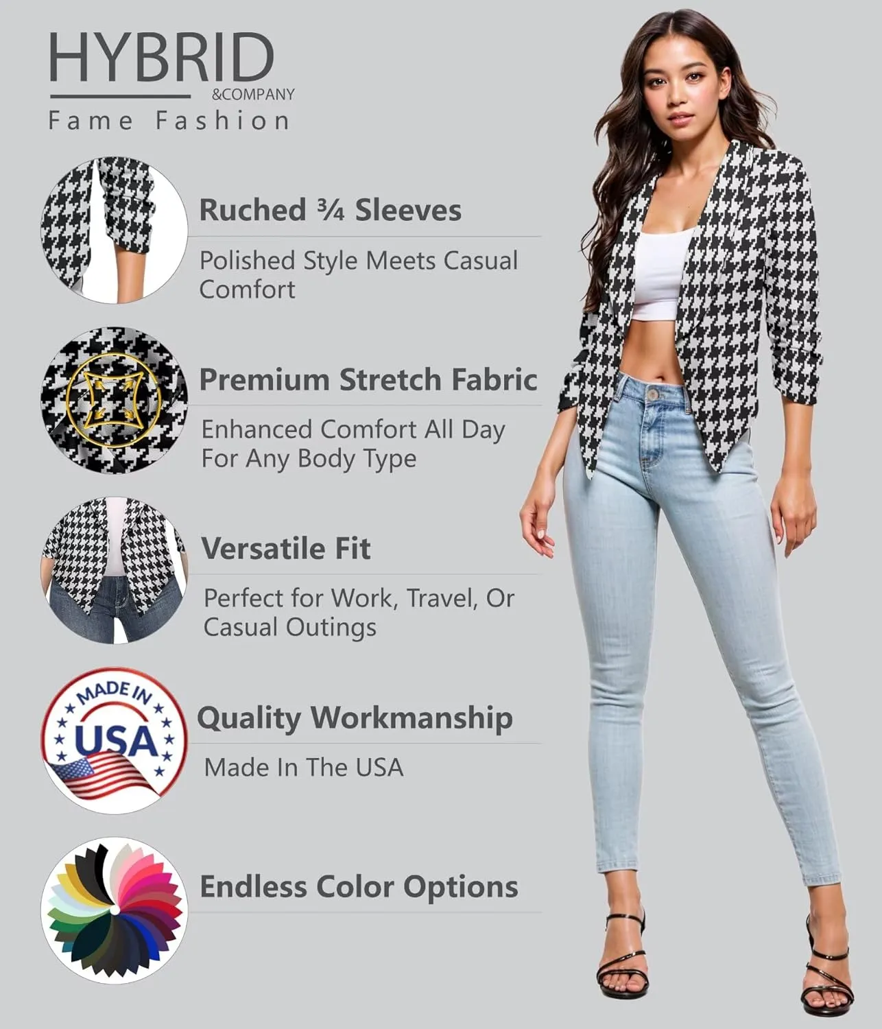 Hybrid & Company Women's Casual Work Office Blazer Jacket Open Front Shawl with 3/4 Scrunch Sleeves