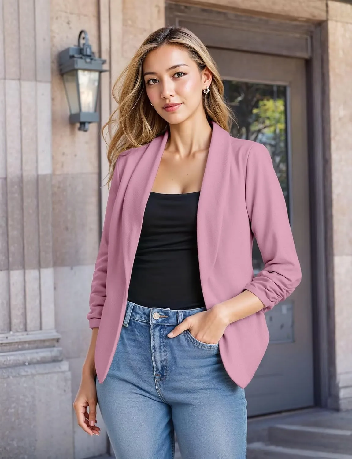 Hybrid & Company Women's Casual Work Office Blazer Jacket Open Front Shawl with 3/4 Scrunch Sleeves