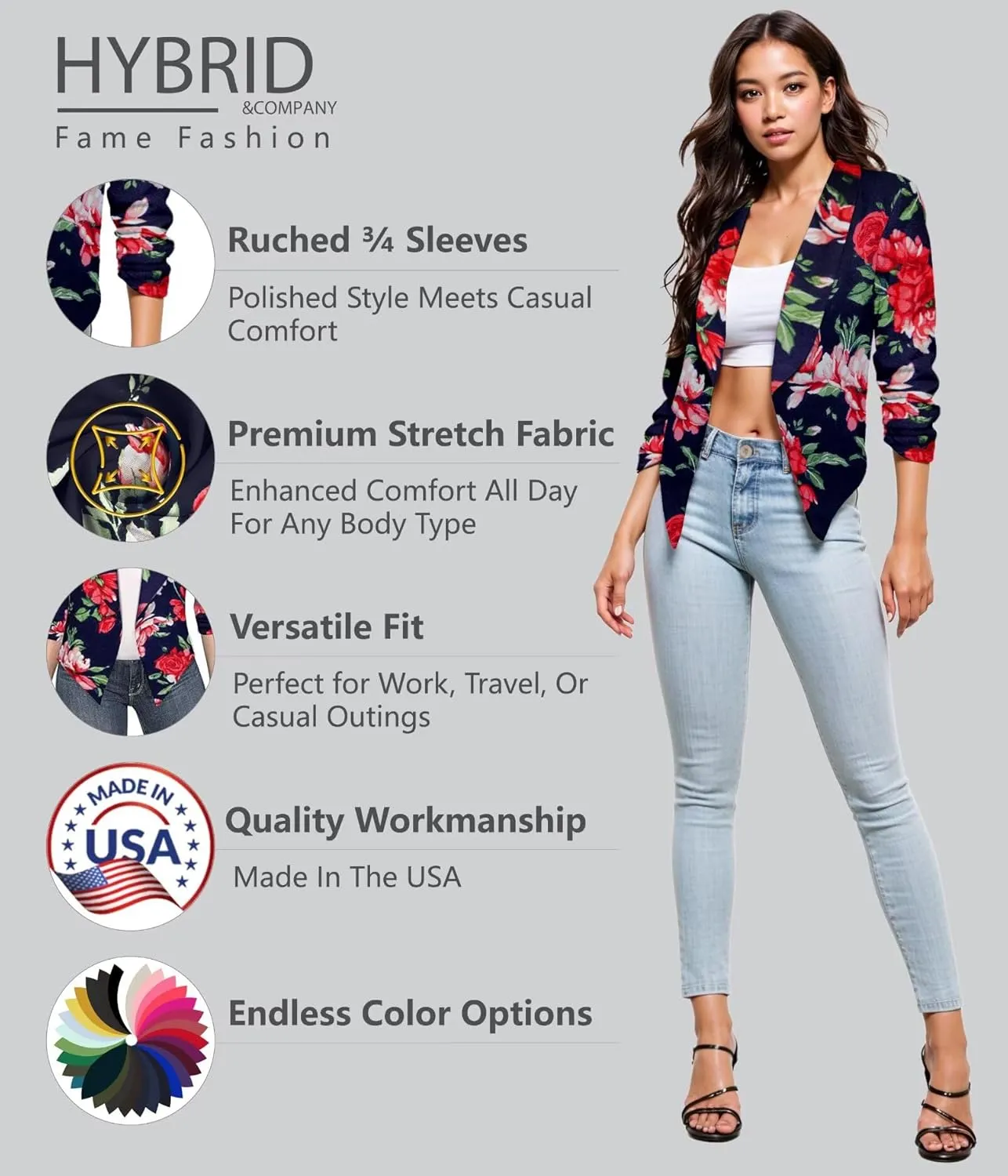 Hybrid & Company Women's Casual Work Office Blazer Jacket Open Front Shawl with 3/4 Scrunch Sleeves
