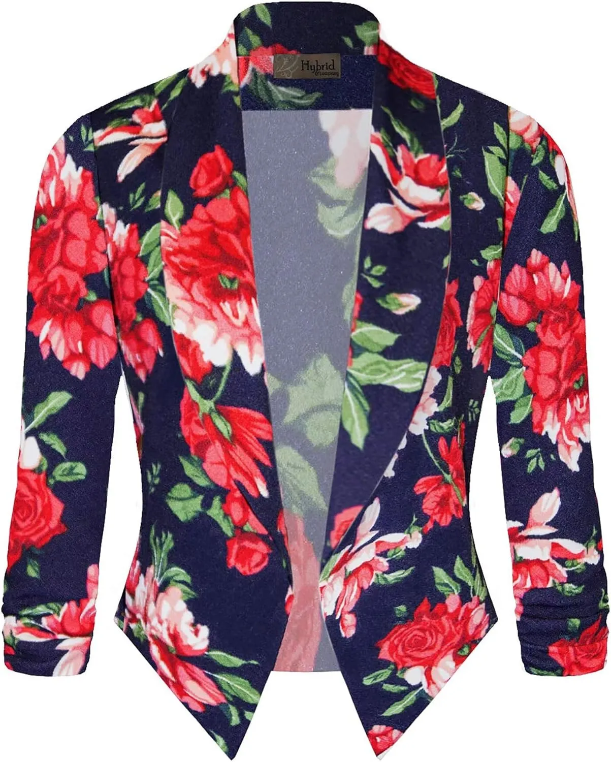 Hybrid & Company Women's Casual Work Office Blazer Jacket Open Front Shawl with 3/4 Scrunch Sleeves