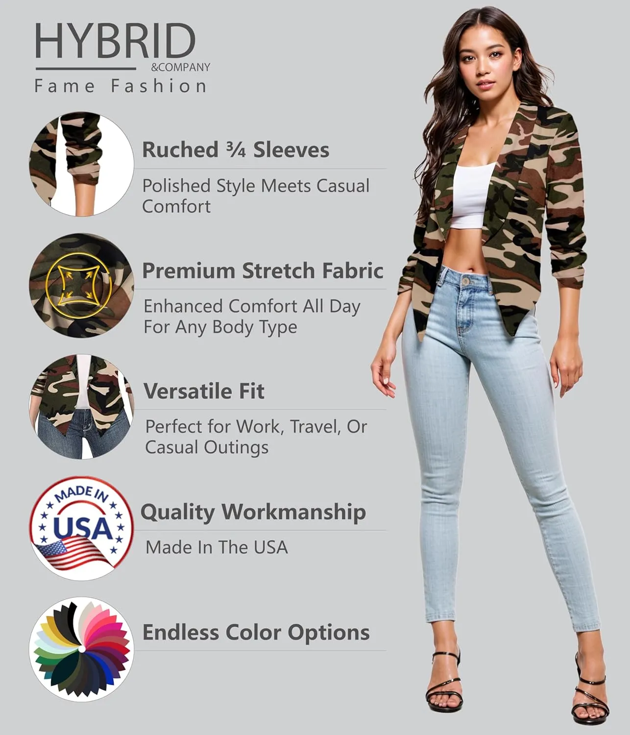 Hybrid & Company Women's Casual Work Office Blazer Jacket Open Front Shawl with 3/4 Scrunch Sleeves