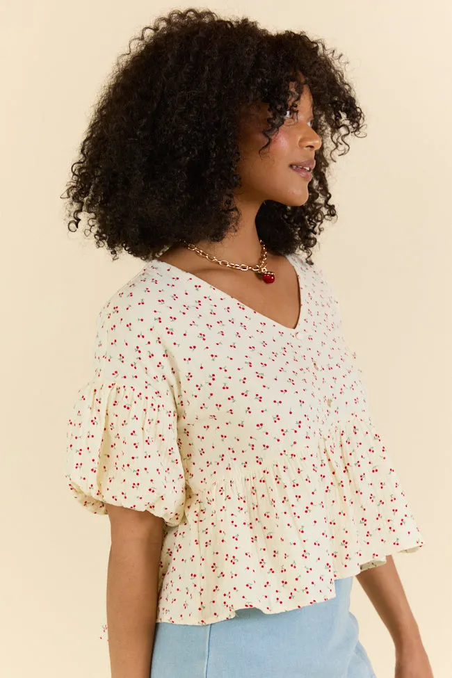 Ideal Days Gauze Cherry Print Peplum Top