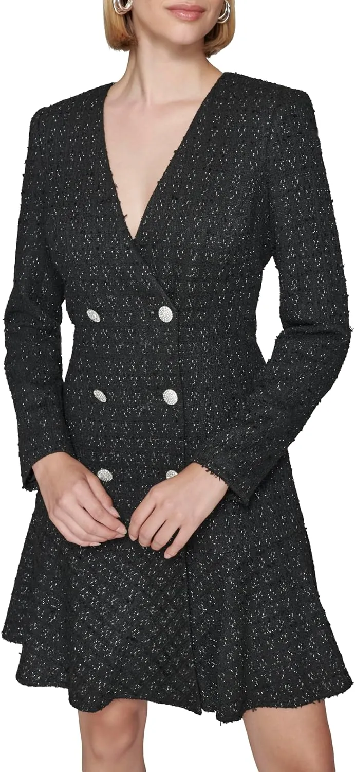 Karl Lagerfeld Paris Women's Embellished Buttons Long Sleeve V Neck Blazer Dress