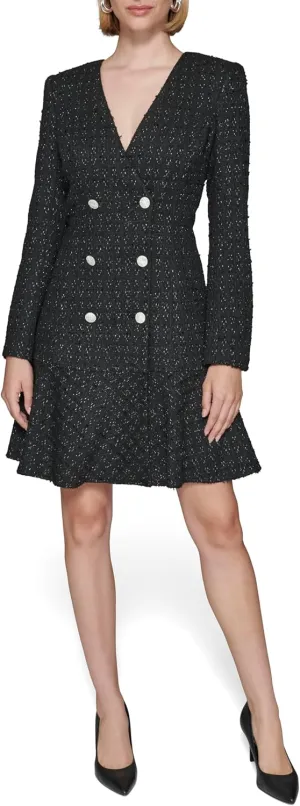 Karl Lagerfeld Paris Women's Embellished Buttons Long Sleeve V Neck Blazer Dress