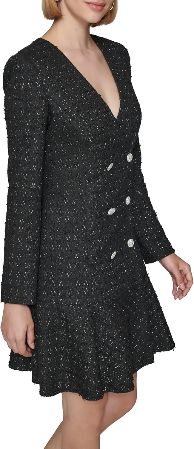 Karl Lagerfeld Paris Women's Embellished Buttons Long Sleeve V Neck Blazer Dress