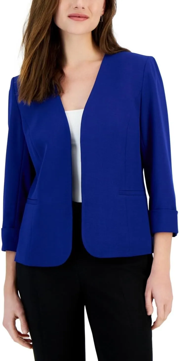 Kasper Women's Stretch Crepe Blazer  Cardigan-Style with Rolled Cuff Sleeves
