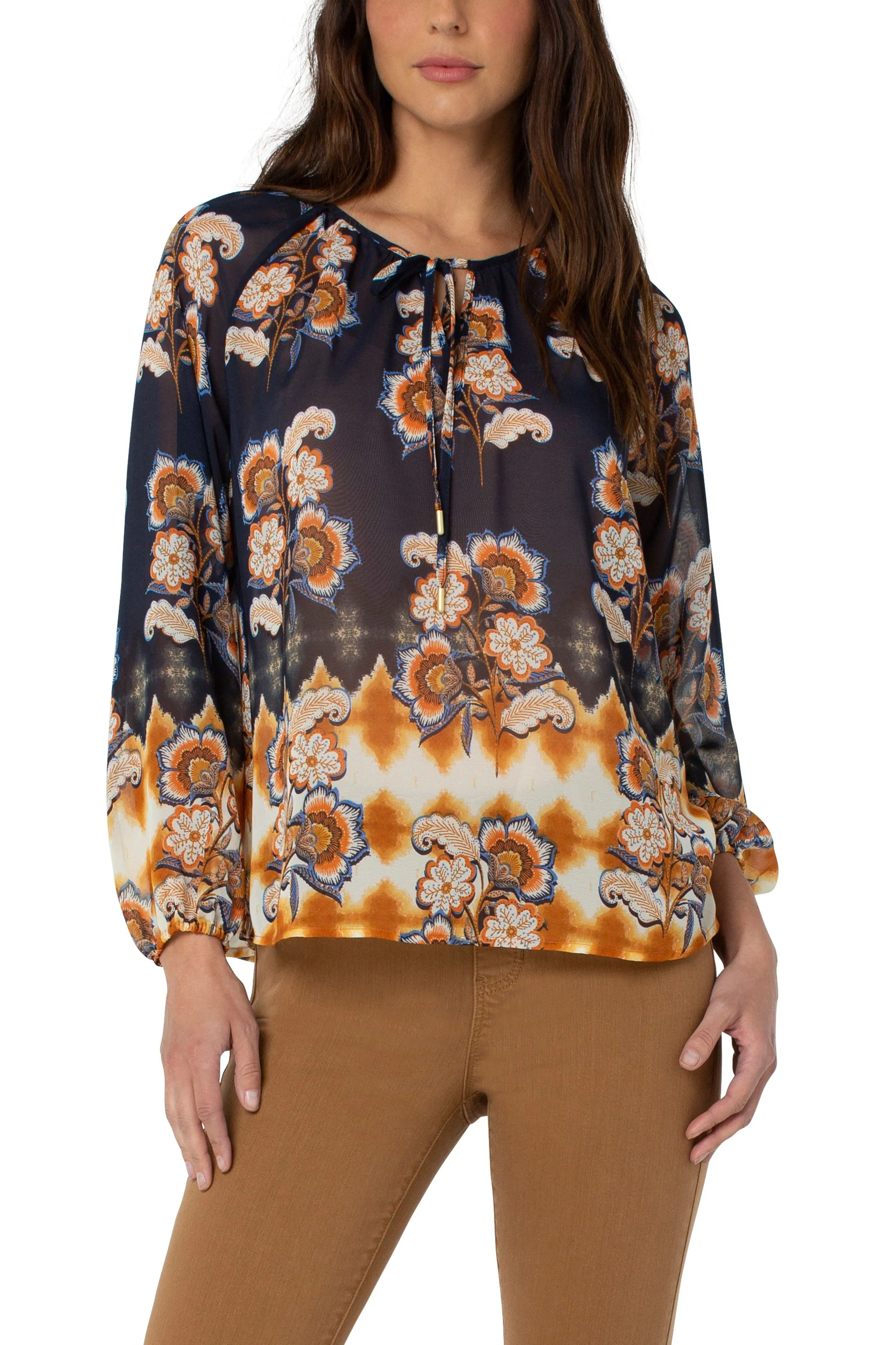 Liverpool Shirred Blouse With Neck Ties In Floral Border Print