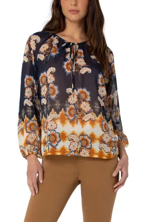 Liverpool Shirred Blouse With Neck Ties In Floral Border Print