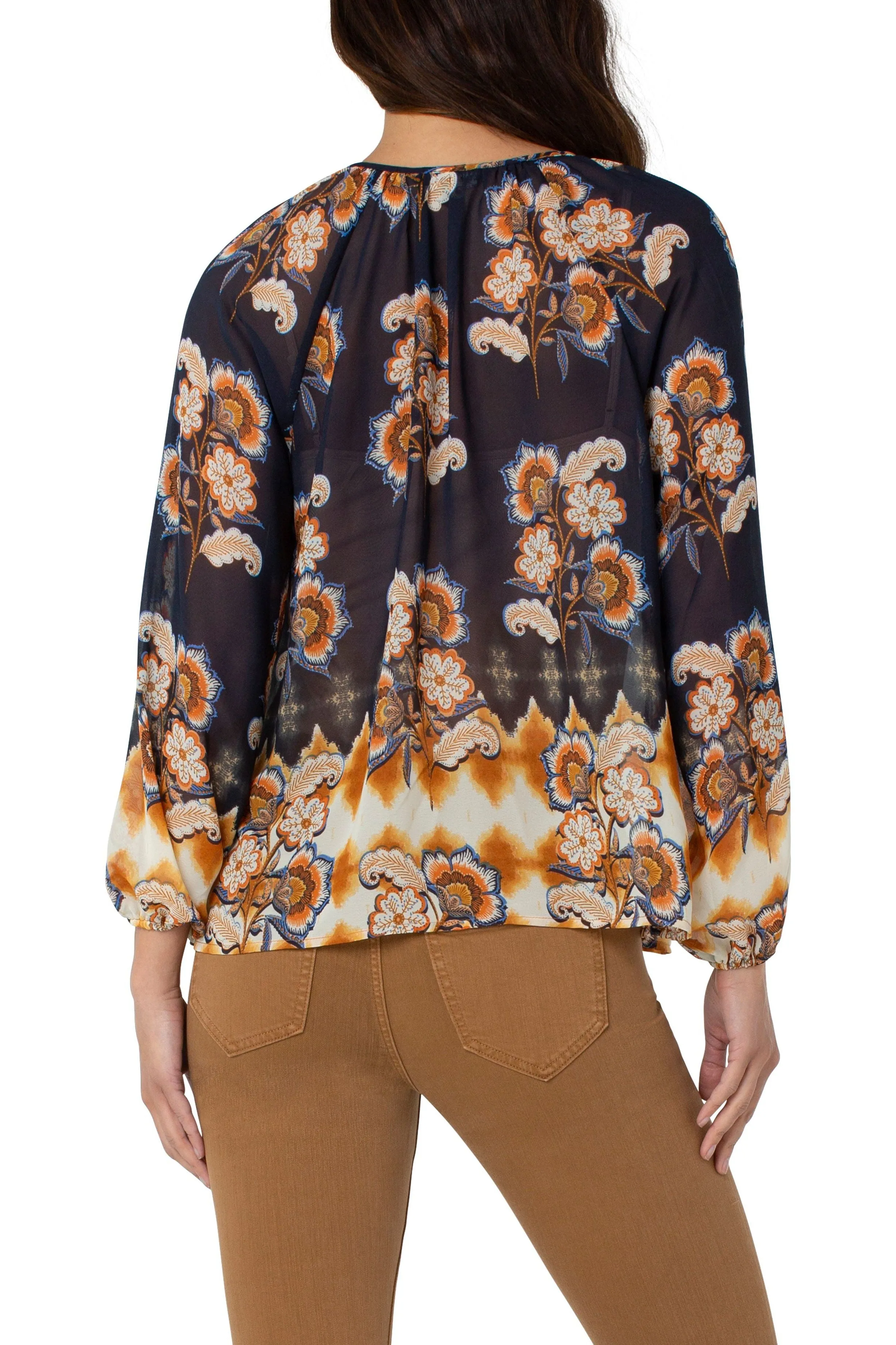 Liverpool Shirred Blouse With Neck Ties In Floral Border Print