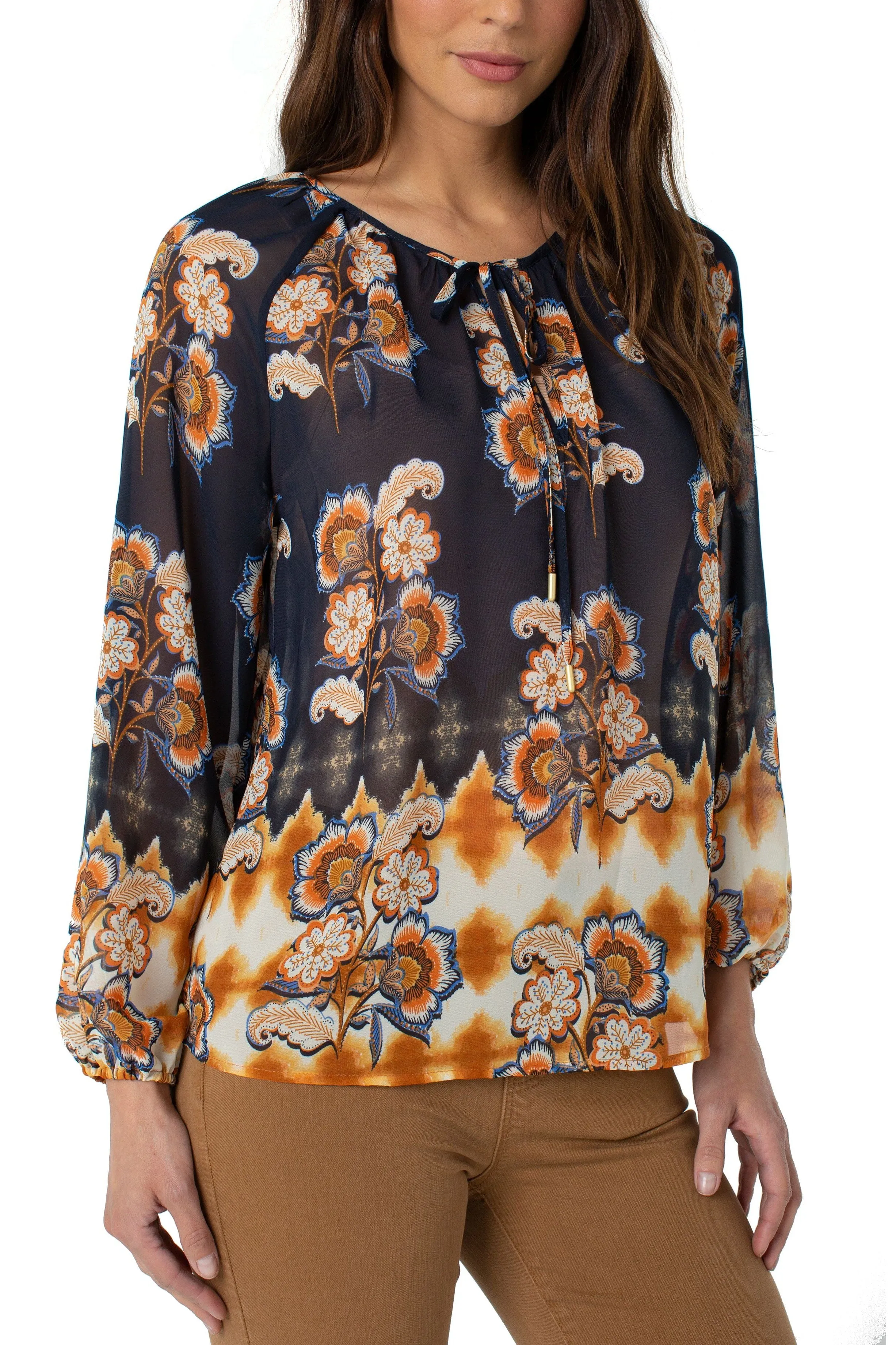 Liverpool Shirred Blouse With Neck Ties In Floral Border Print