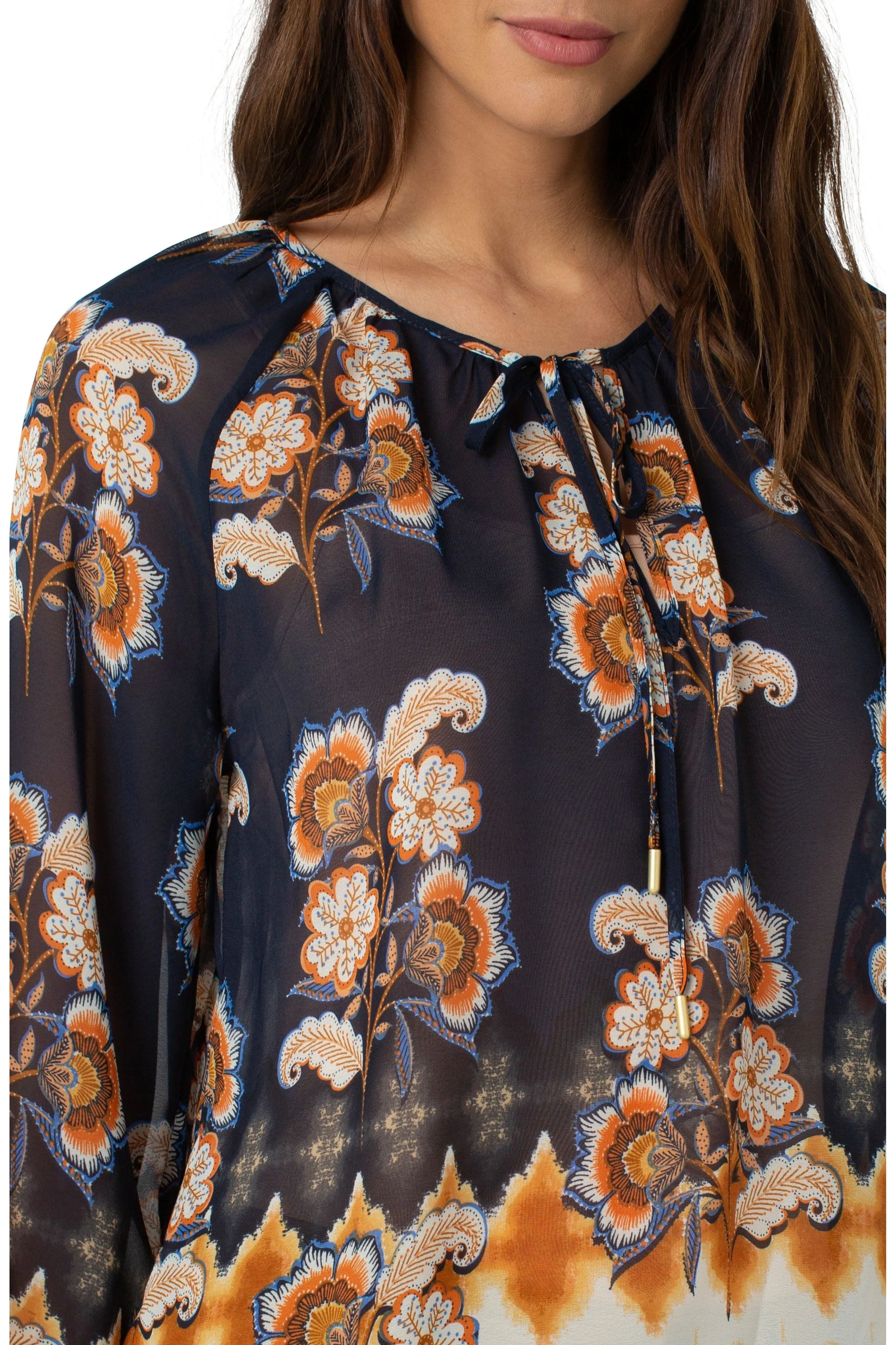 Liverpool Shirred Blouse With Neck Ties In Floral Border Print