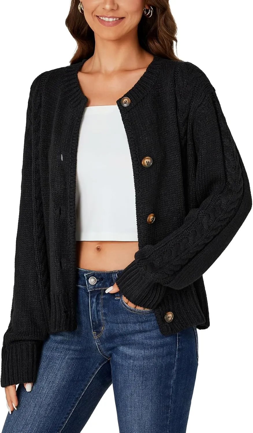 LYANER Women's Cable Knit Open Front Button Down Long Sleeve Soft Cardigan Sweater Coat Top