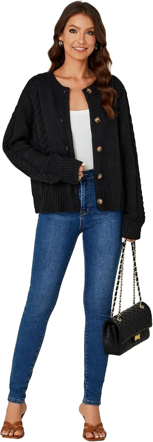 LYANER Women's Cable Knit Open Front Button Down Long Sleeve Soft Cardigan Sweater Coat Top