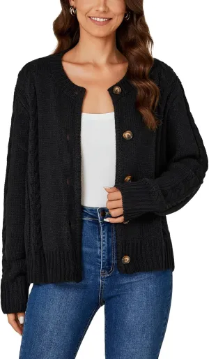 LYANER Women's Cable Knit Open Front Button Down Long Sleeve Soft Cardigan Sweater Coat Top
