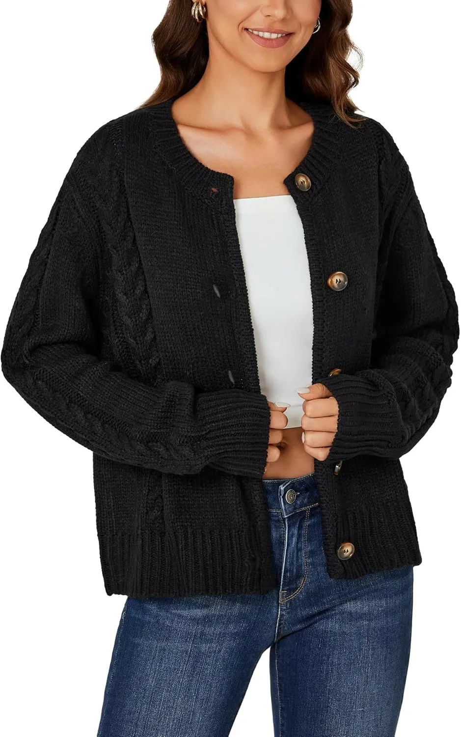 LYANER Women's Cable Knit Open Front Button Down Long Sleeve Soft Cardigan Sweater Coat Top