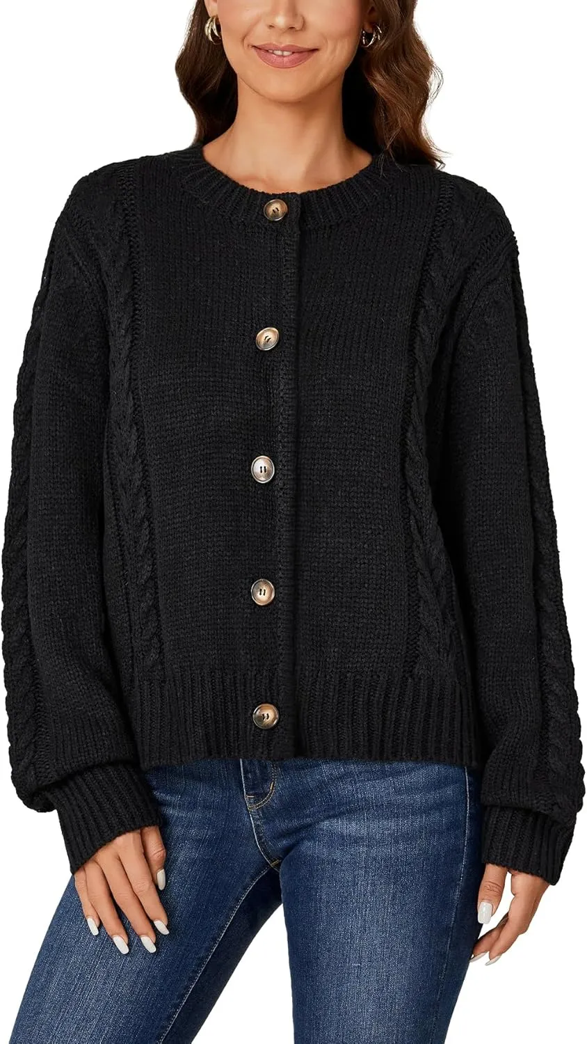 LYANER Women's Cable Knit Open Front Button Down Long Sleeve Soft Cardigan Sweater Coat Top