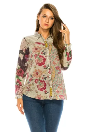 Magazine Clothing Floral Ash Gray Printed Patchwork Shirt with Vintage Wash