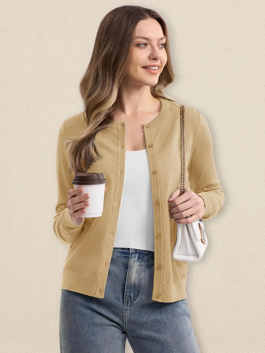 MAGCOMSEN Women's Cardigan Sweaters Lightweight Knit Soft Crew Neck Long Sleeve Open Front Button Spring Casual Cardigan