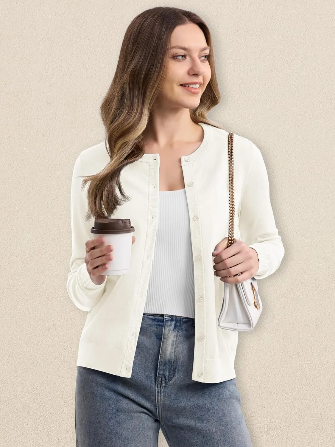 MAGCOMSEN Women's Cardigan Sweaters Lightweight Knit Soft Crew Neck Long Sleeve Open Front Button Spring Casual Cardigan