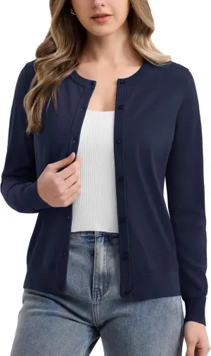 MAGCOMSEN Women's Cardigan Sweaters Lightweight Knit Soft Crew Neck Long Sleeve Open Front Button Spring Casual Cardigan