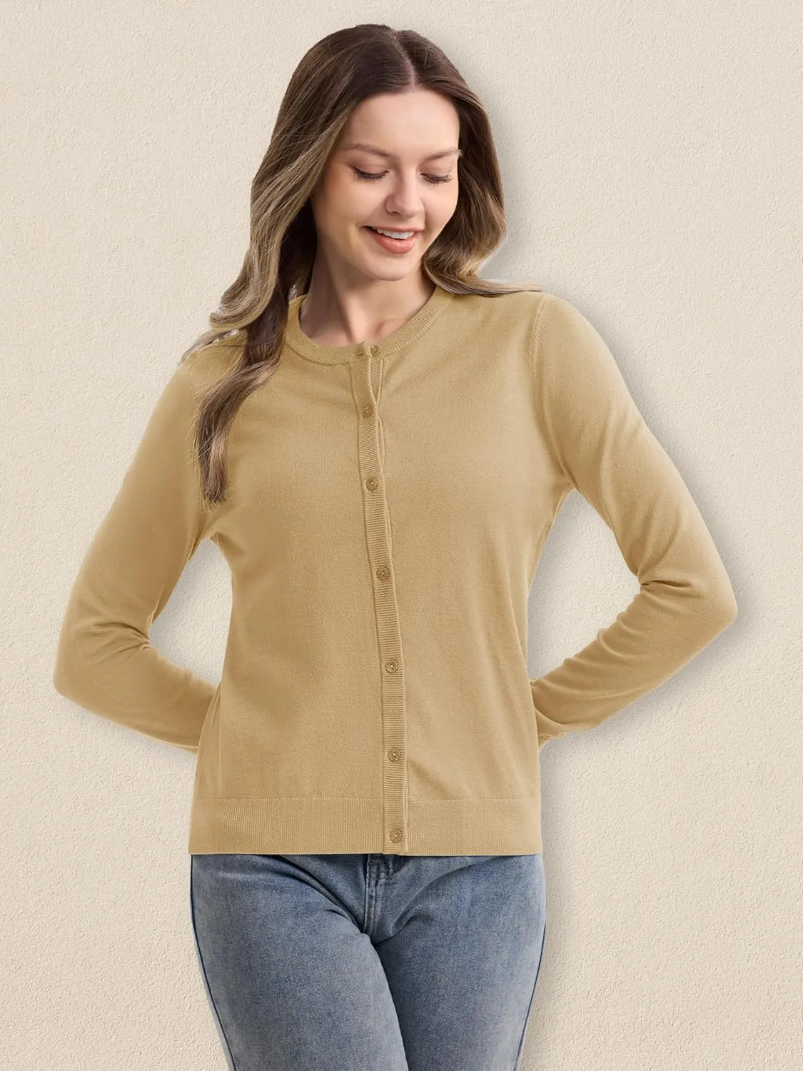 MAGCOMSEN Women's Cardigan Sweaters Lightweight Knit Soft Crew Neck Long Sleeve Open Front Button Spring Casual Cardigan