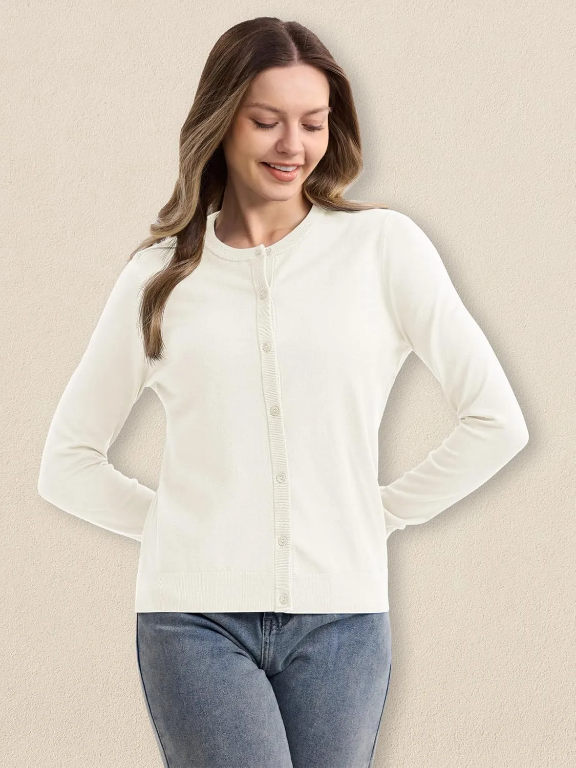 MAGCOMSEN Women's Cardigan Sweaters Lightweight Knit Soft Crew Neck Long Sleeve Open Front Button Spring Casual Cardigan