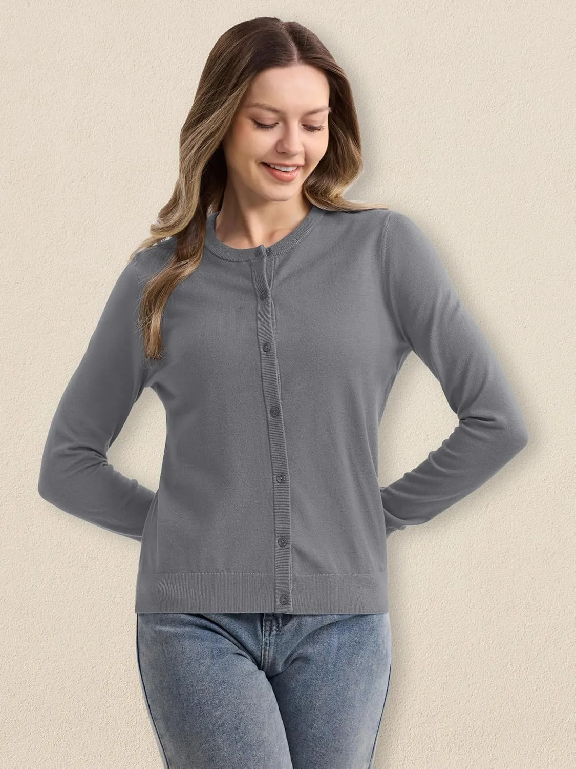 MAGCOMSEN Women's Cardigan Sweaters Lightweight Knit Soft Crew Neck Long Sleeve Open Front Button Spring Casual Cardigan