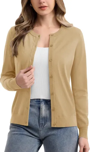 MAGCOMSEN Women's Cardigan Sweaters Lightweight Knit Soft Crew Neck Long Sleeve Open Front Button Spring Casual Cardigan