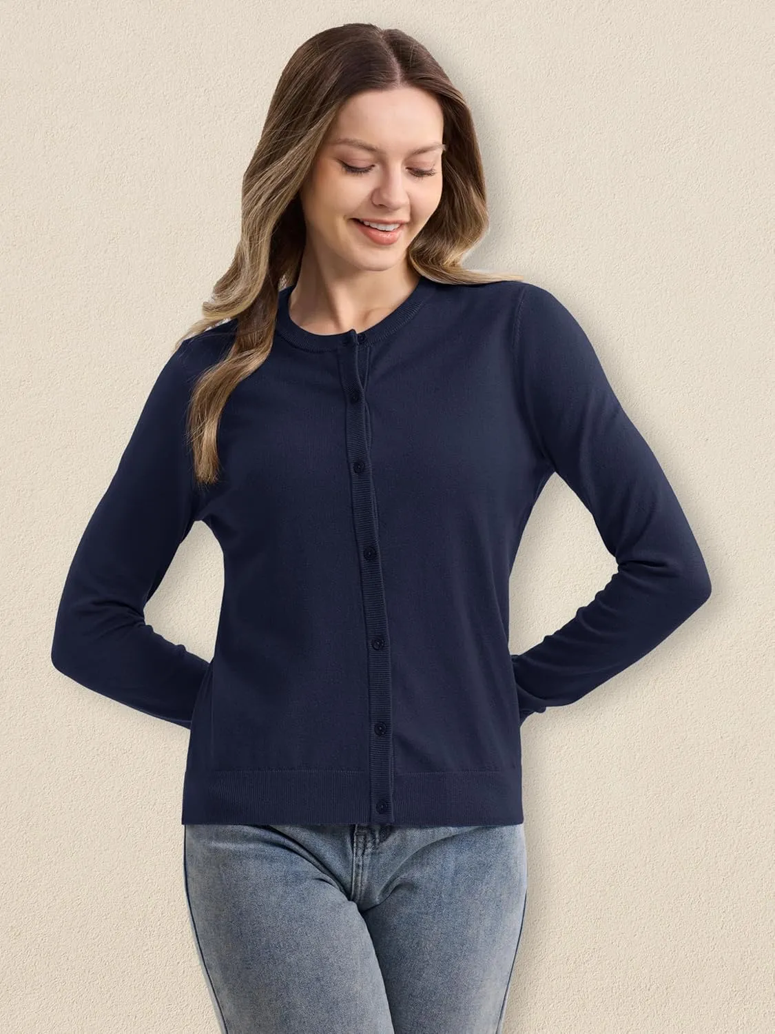MAGCOMSEN Women's Cardigan Sweaters Lightweight Knit Soft Crew Neck Long Sleeve Open Front Button Spring Casual Cardigan