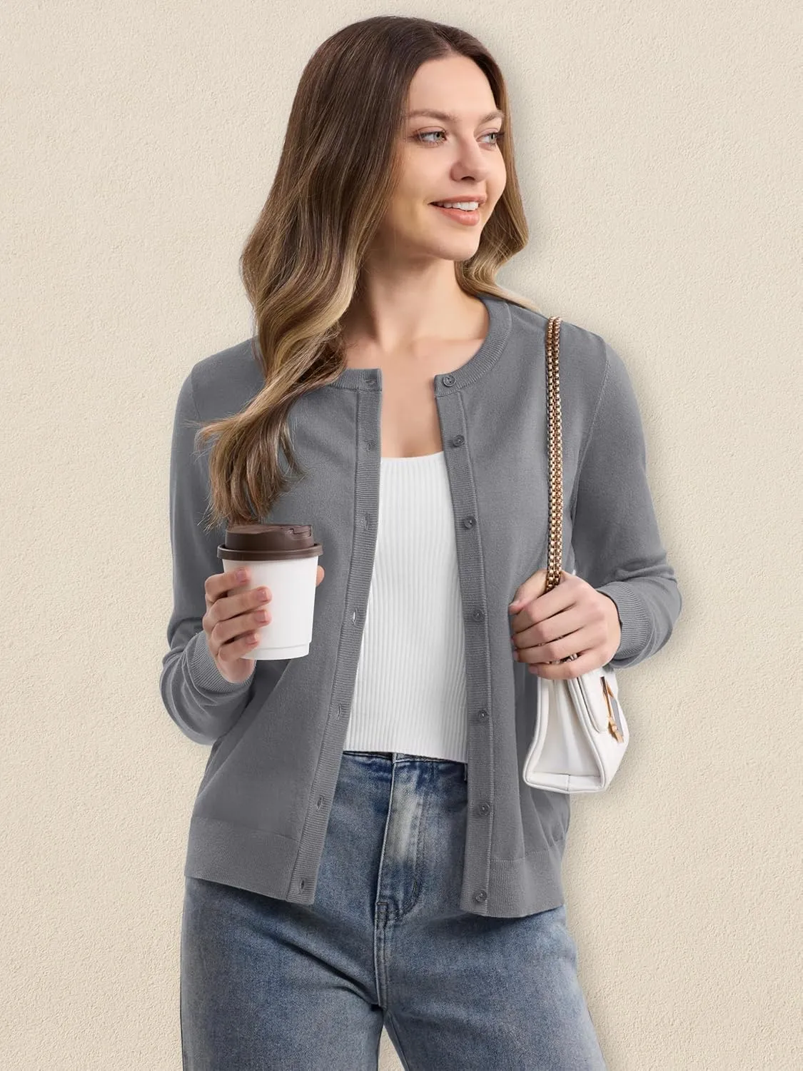 MAGCOMSEN Women's Cardigan Sweaters Lightweight Knit Soft Crew Neck Long Sleeve Open Front Button Spring Casual Cardigan