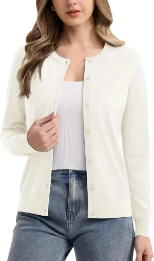 MAGCOMSEN Women's Cardigan Sweaters Lightweight Knit Soft Crew Neck Long Sleeve Open Front Button Spring Casual Cardigan