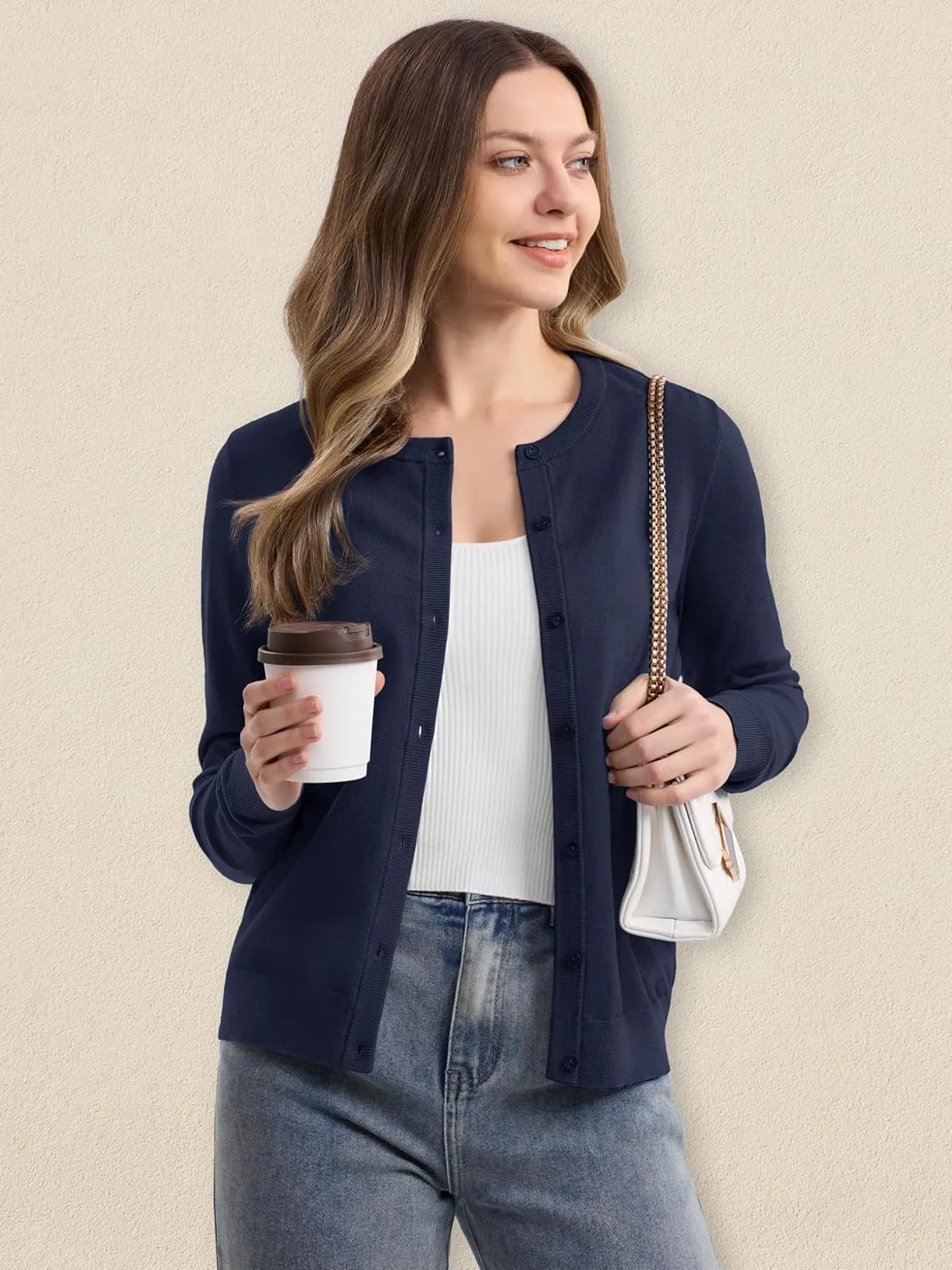 MAGCOMSEN Women's Cardigan Sweaters Lightweight Knit Soft Crew Neck Long Sleeve Open Front Button Spring Casual Cardigan