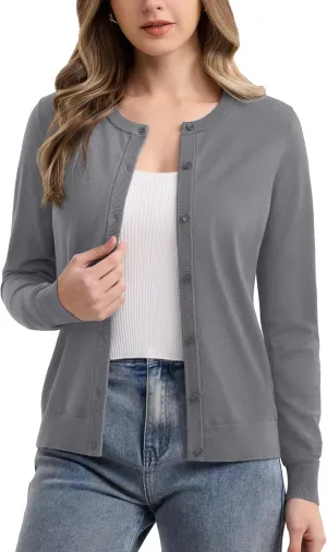 MAGCOMSEN Women's Cardigan Sweaters Lightweight Knit Soft Crew Neck Long Sleeve Open Front Button Spring Casual Cardigan