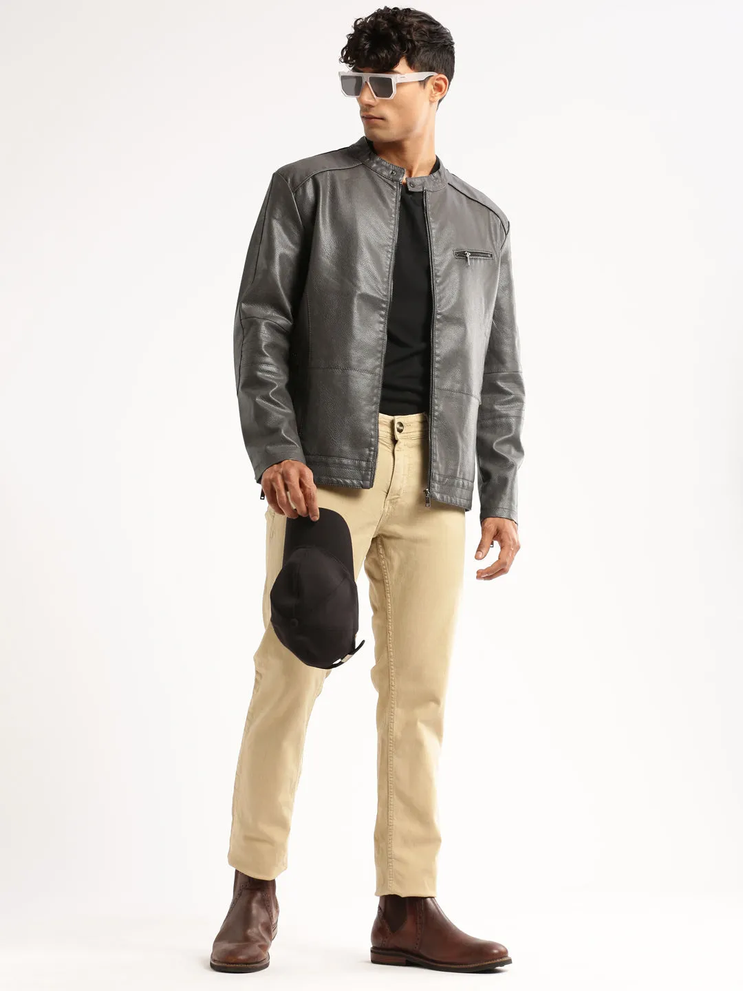 Men Grey Stand Collar Biker Jacket