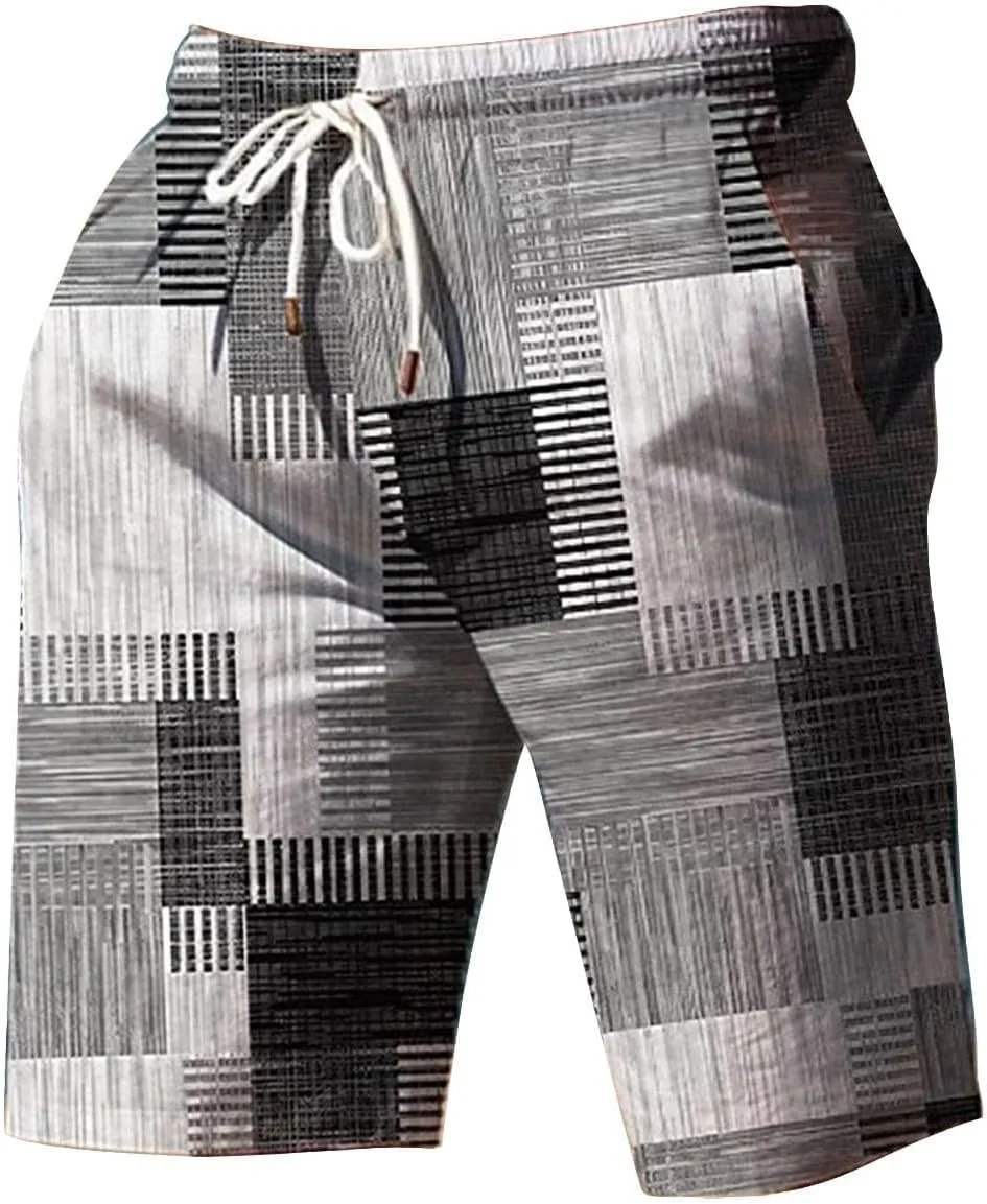 Mens Hawaiian Shorts Printed Plaid Drawstring Lightweight Breathable Vintage Trendy Short Pants Summer Beach Trousers