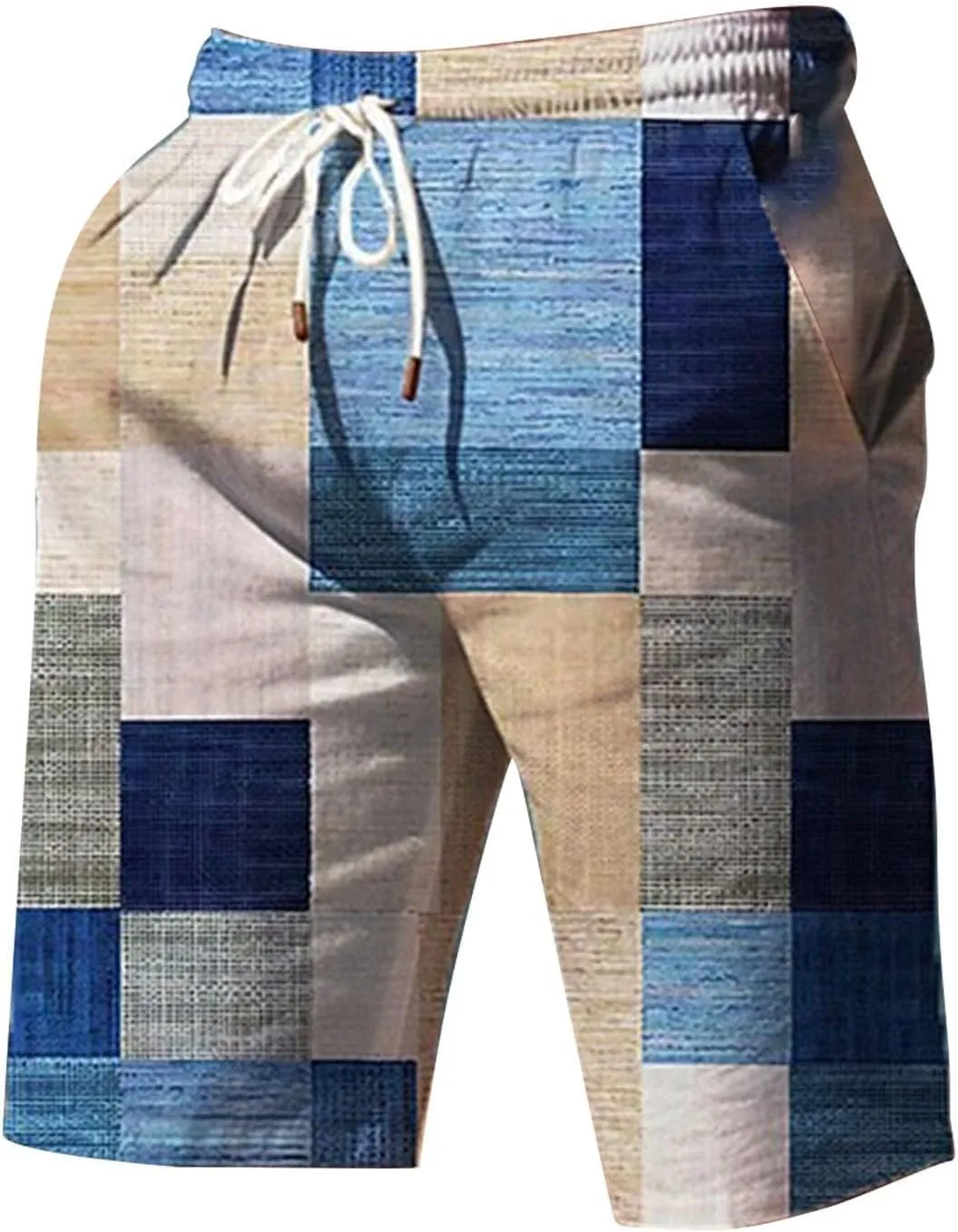 Mens Hawaiian Shorts Printed Plaid Drawstring Lightweight Breathable Vintage Trendy Short Pants Summer Beach Trousers