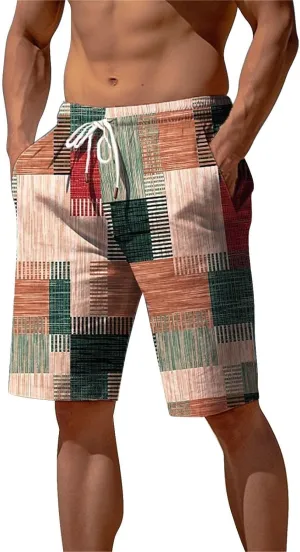 Mens Hawaiian Shorts Printed Plaid Drawstring Lightweight Breathable Vintage Trendy Short Pants Summer Beach Trousers