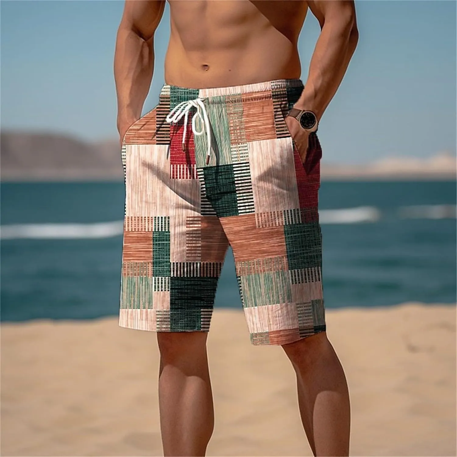 Mens Hawaiian Shorts Printed Plaid Drawstring Lightweight Breathable Vintage Trendy Short Pants Summer Beach Trousers