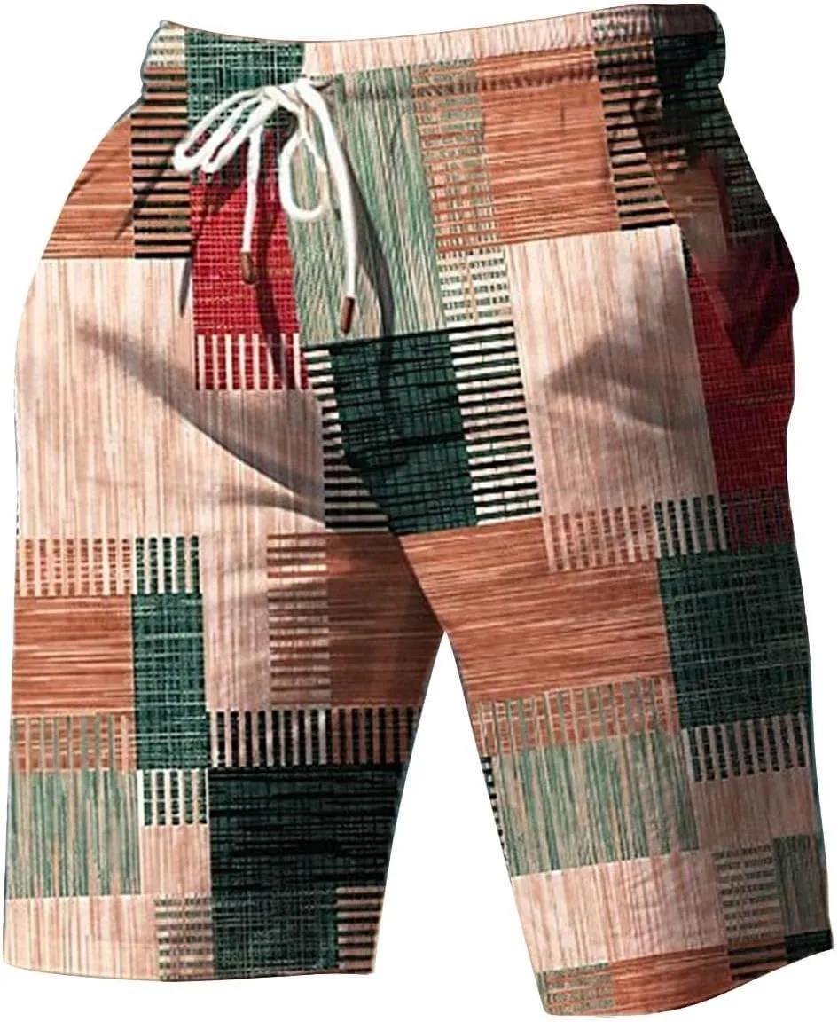 Mens Hawaiian Shorts Printed Plaid Drawstring Lightweight Breathable Vintage Trendy Short Pants Summer Beach Trousers