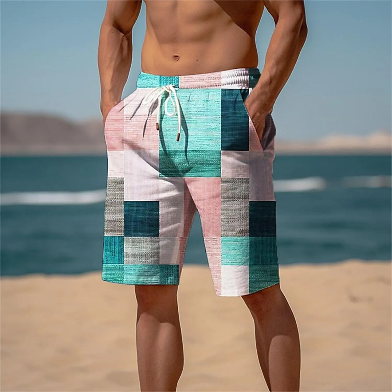Mens Hawaiian Shorts Printed Plaid Drawstring Lightweight Breathable Vintage Trendy Short Pants Summer Beach Trousers