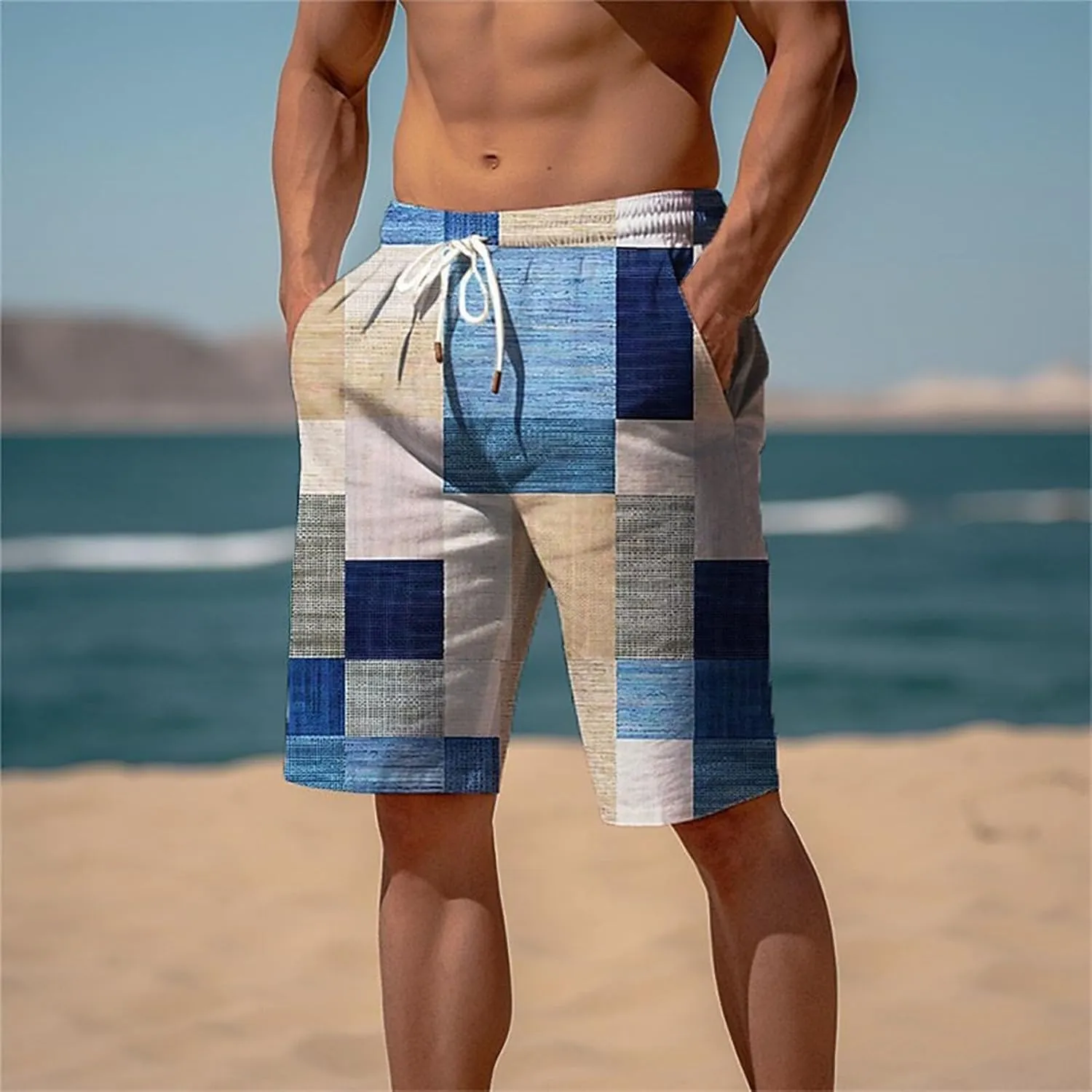 Mens Hawaiian Shorts Printed Plaid Drawstring Lightweight Breathable Vintage Trendy Short Pants Summer Beach Trousers