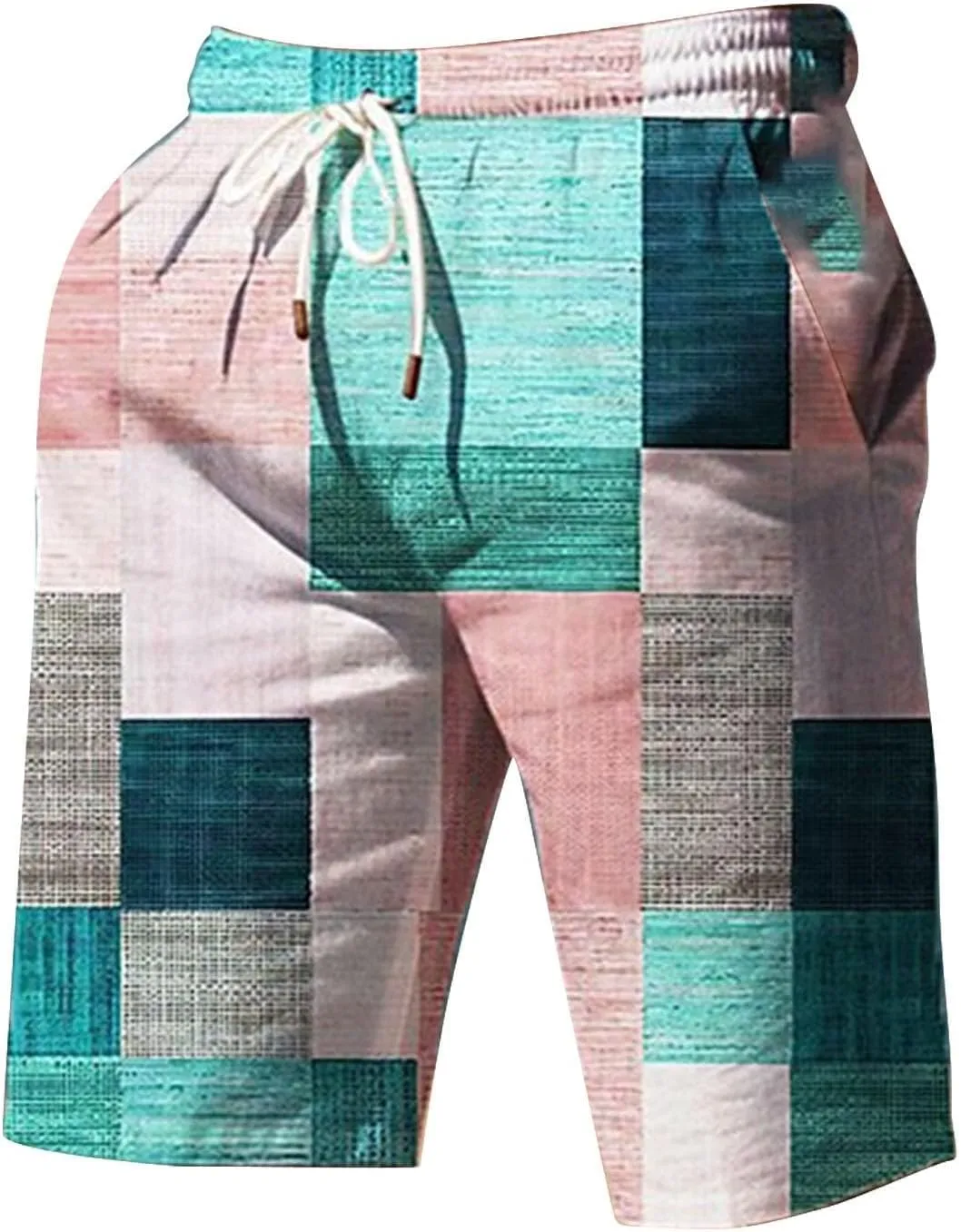 Mens Hawaiian Shorts Printed Plaid Drawstring Lightweight Breathable Vintage Trendy Short Pants Summer Beach Trousers
