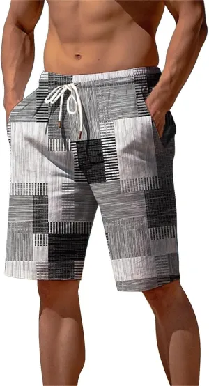 Mens Hawaiian Shorts Printed Plaid Drawstring Lightweight Breathable Vintage Trendy Short Pants Summer Beach Trousers