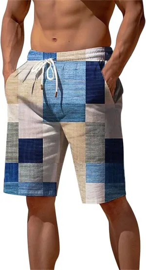 Mens Hawaiian Shorts Printed Plaid Drawstring Lightweight Breathable Vintage Trendy Short Pants Summer Beach Trousers