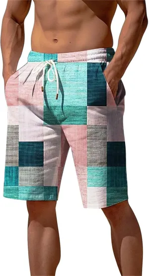 Mens Hawaiian Shorts Printed Plaid Drawstring Lightweight Breathable Vintage Trendy Short Pants Summer Beach Trousers